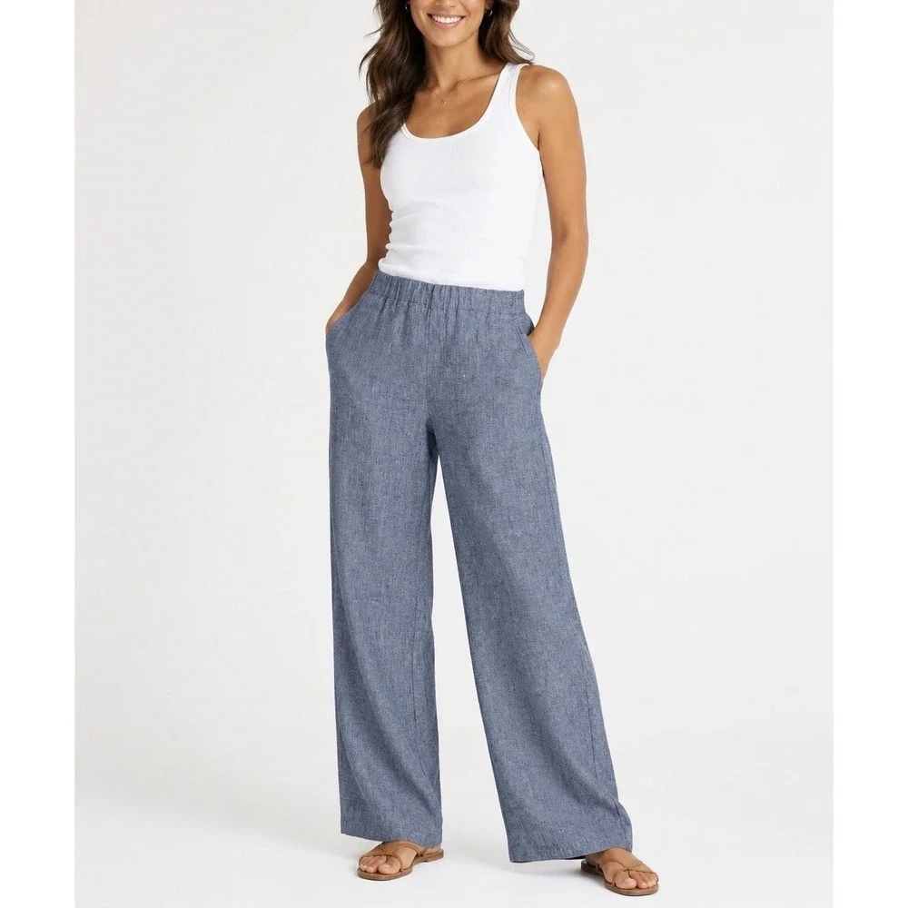Lands' End Womens Size 4 Blue Linen Blend Wide Leg Pull On Pants Mid Rise - Picture 1 of 8